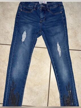 Beautees Dark Blue Skinny Jeans with Distressed Knees for girls
